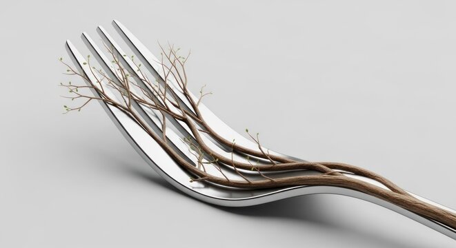 Fork with Growing Branches and Leaves - Concept of Natural Food and Growth
