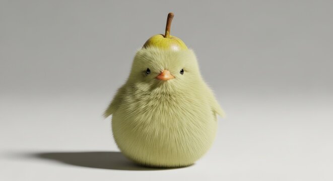 Fluffy Yellow Chick Wearing Pear Hat, Cute Baby Bird with Fruit Headwear