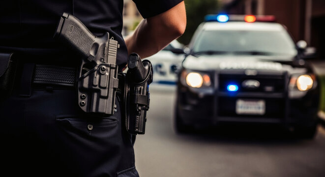 Police officer wearing a tactical utility belt with a holstered sidearm and magazine pouch standing near a patrol vehicle with emergency lights activated on the street