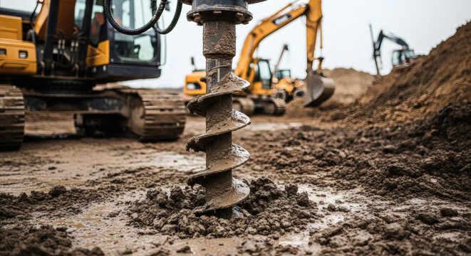 Heavy duty industrial earth auger drill bit boring deep into the wet muddy ground at a construction site with large yellow machinery in the background