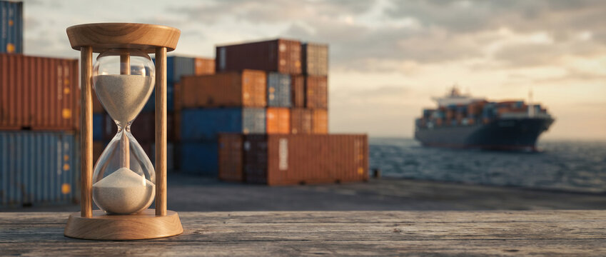 Global logistics and delivery deadline concept. A wooden hourglass in sharp focus in the foreground with a blurred cargo ship and shipping containers at the port at sunset. Copy space.