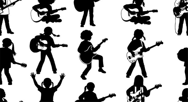 Silhouettes of Musicians Playing Various Instruments Dynamically.
