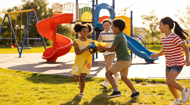 Happy Children Playing at Colorful Playground (Diverse Kids)