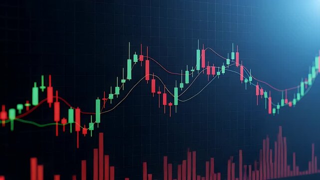Digital stock market chart showing fluctuating green and red candlestick patterns on a dark blue background to represent financial trading trends and volatility for global investment analysis.
