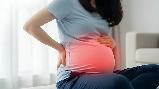 Pregnant woman suffering from severe back pain and abdominal discomfort while sitting at home during her third trimester of pregnancy as she seeks relief and physical support