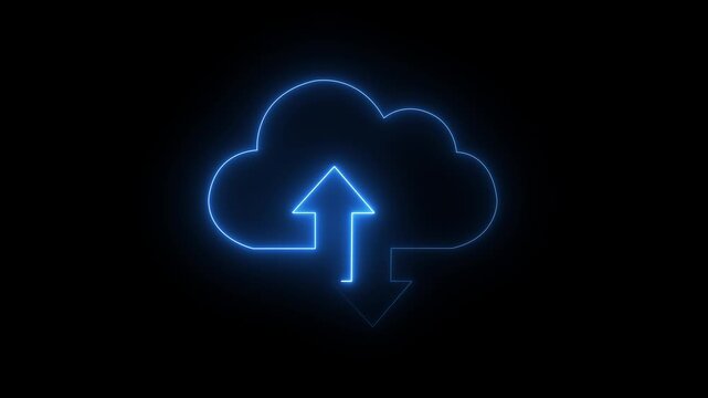 abstract Glowing neon cloud storage with arrows, looped animation. Cloud space and technology, data backup icon