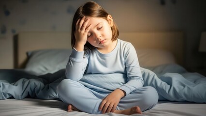Obraz premium A young girl in pajamas sitting on a bed with her hand on her forehead, looking sad or unwell in a dimly lit room.