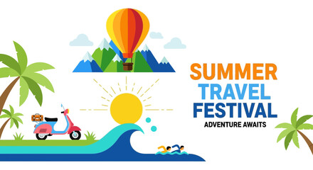 Naklejka premium Summer Travel Festival Banner with Vacation Icons