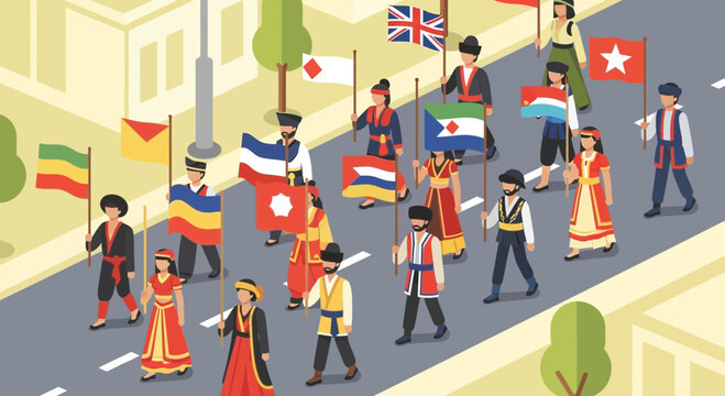 People in National Costumes Walking in a Parade with Flags