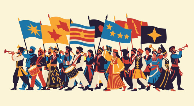 People in Traditional Folk Costumes Parading with Flags