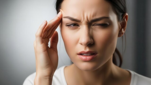 A young woman suffering from a severe headache, holding her temple and wincing in pain, indicating discomfort and stress.