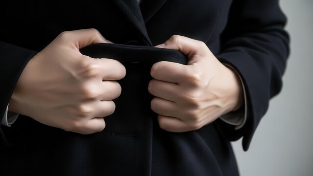 A person's hands are shown buttoning or unbuttoning a dark formal jacket, focusing on the detail of the clothing.