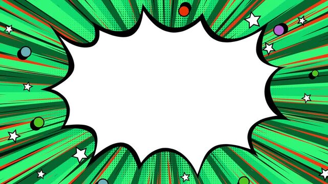 Dynamic comic book explosion motion graphic template featuring bright green speed lines and stars