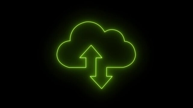abstract Glowing neon cloud storage with arrows, looped animation. Cloud space and technology, data backup icon