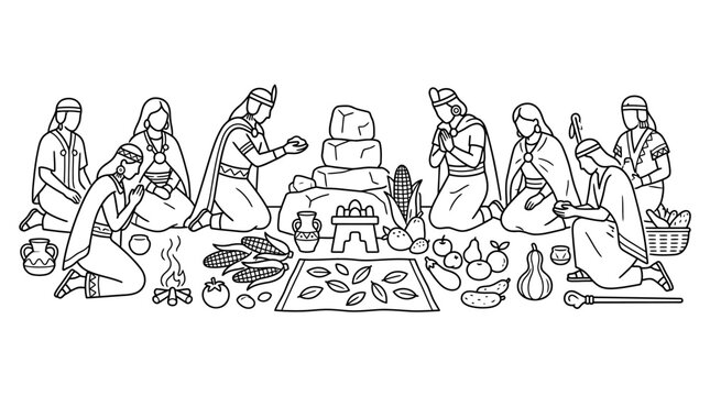 Ancient Inca Ceremony: People Praying to Stone Altar with Offerings