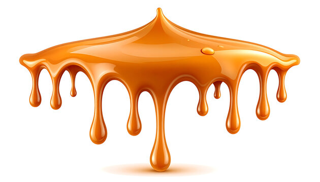 Glossy viscous caramel syrup dripping from a smooth dome shape, sweet liquid food, dessert ingredient