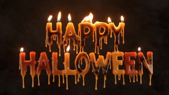 Happy Halloween text made of burning wax candles with melting drips on dark background.