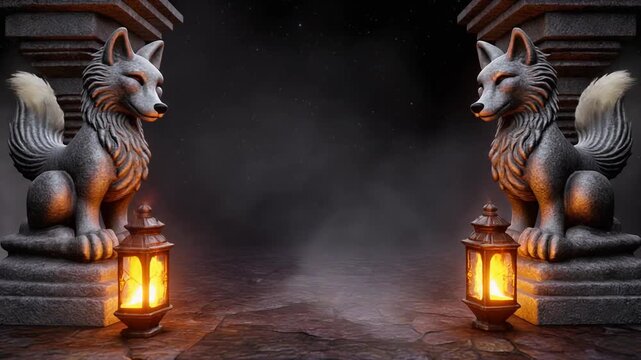 Two stone fox statues guarding a dark entrance with glowing lanterns at night.