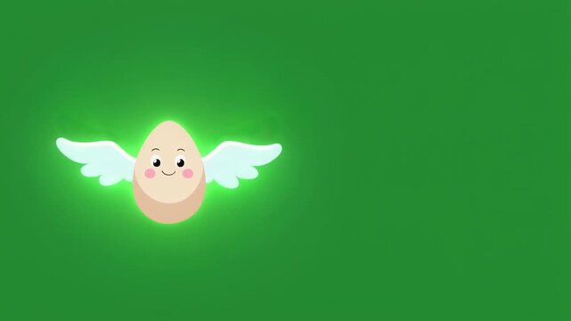 A cute cartoon egg character with wings flying isolated on a green screen chroma key background.