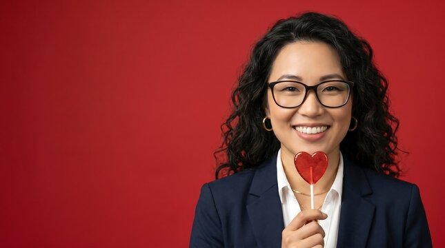 Smiling Asian woman holding a heart-shaped lollipop on red background