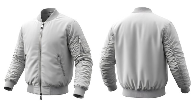 A white bomber jacket is shown from the front and back on a plain background