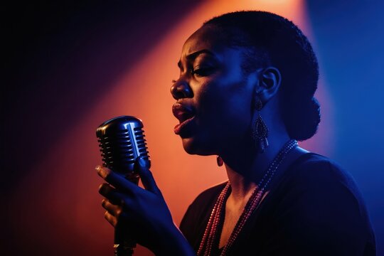 Black female singer performs with retro microphone on smoky stage. Warm orange light highlights woman singing soulful jazz blues melody. Live music performance with passion.