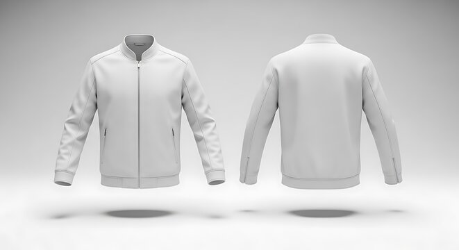 A white bomber jacket mockup displayed from the front and back on a clean studio background