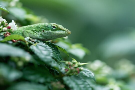 Green Anole Lizard Blending Into Lush Foliage Wildlife Camouflage And Natural Habitat In A Serene Outdoor Environment