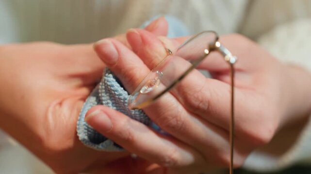 Detailed hands polishing glass lenses with blue microfiber cloth, methodical hinge check, studio light reflections on gold frame, steady fingertip adjustments, careful inspection delivering clear