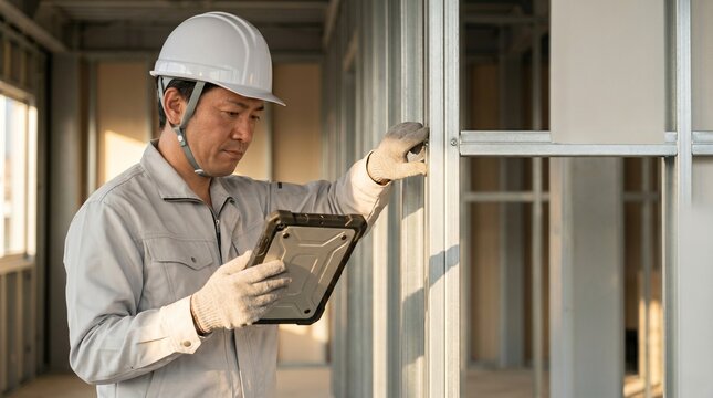夕方の建設現場でタブレットを使用し軽量鉄骨の施工状況を点検する現場監督