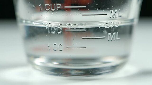 Close up of clear liquid in a measuring cup with markings.