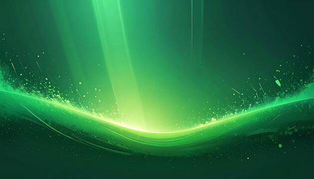 glowing green wave with floating particles and light rays, abstract digital background