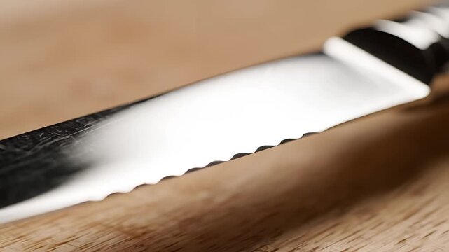 Closeup Macro Shot of a Serrated Knife Blade on a Wooden Surface.