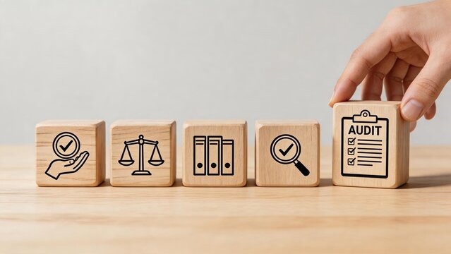 Audit compliance checklist represented by wooden blocks with icons for verification, legal balance, documentation, inspection, and final approval symbolizing thorough quality
