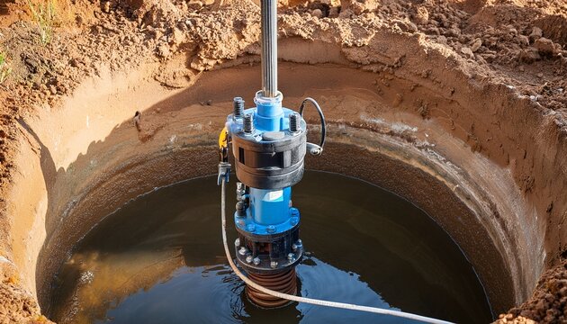 submersible water pump being lowered into a deep borehole with metal pipe system and wire rope representing well drilling and installation