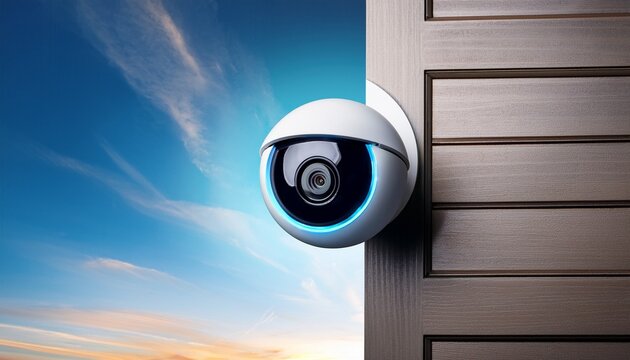 smart security camera mounted by front door with illuminated ring indicating active home alarm system and remote monitoring