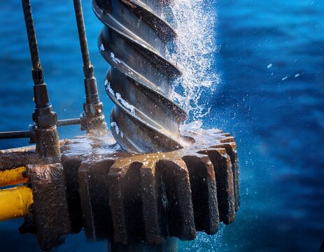 close up of a drilling bit cutting into submerged seabed with water spray and fluid flow representing deep water well drilling operation