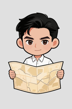 Chibi cartoon male character reading a paper map