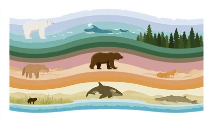 Naklejka premium This visual shows diverse habitats arctic, ocean, forest, desert, grassland, and freshwater, each in different colors.