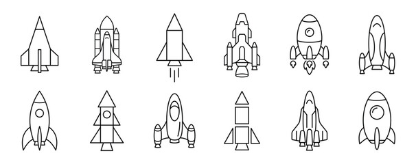 Rocket and spacecraft icon set with outline and glyph styles. Editable stroke space exploration symbols for astronomy, startup launch and aerospace concepts. Rocket, spaceship, launch, space, mission © Carpe Diem