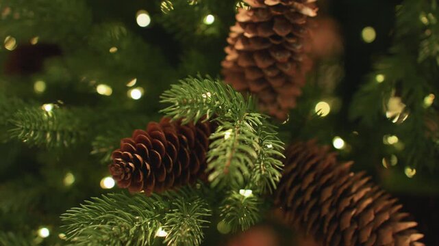 Close up pinecone on lit cafe tree macro focus on textured cone, soft warm string lights, green needles, ambient golden bokeh, artisan coffeehouse corner, slow cinematic pan, natural rustic ornament