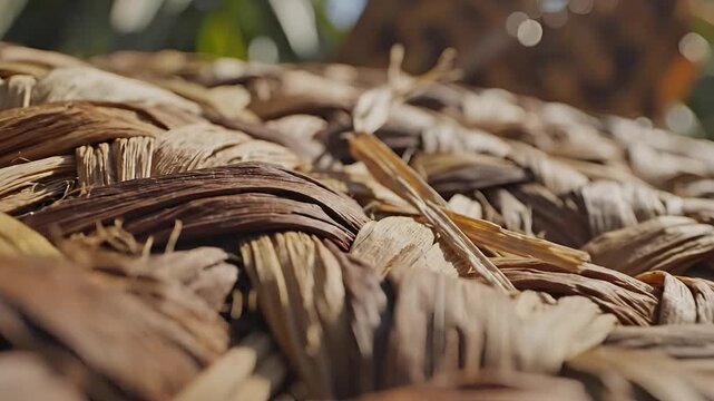 Closeup of woven palm leaves creating a textured background.