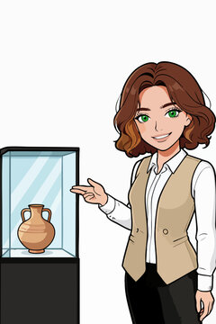 Museum docent introducing ancient ceramic exhibit in gallery