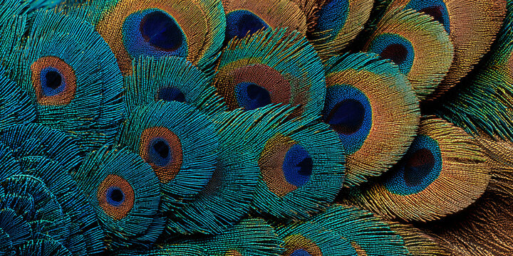 Peacock Tail Feathers Spread Like Fan in Blue Green