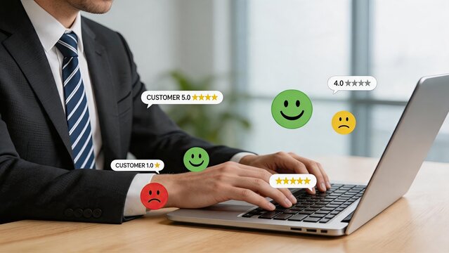 Businessman typing on laptop keyboard analyzing customer feedback ratings with star reviews and emoticons floating above screen representing online reputation management and user