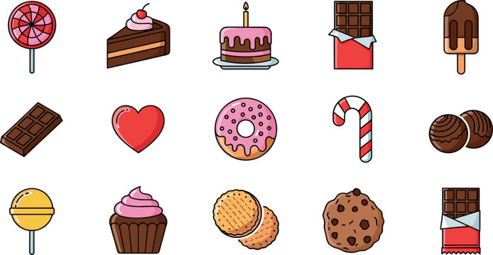 Sweet Dessert Icon Vector Set with Candy, Chocolate, Cake, Donut, Cookies and Cupcake Illustrations for Bakery Menu, Snack Design and Food CollectionSweet Dessert Icon V