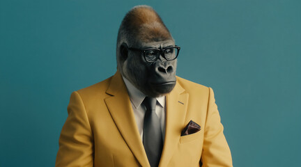 Fototapeta premium Gorilla wearing glasses and yellow suit stands in studio. Primate looks serious, dressed like businessman. Animal has tie and pocket square.