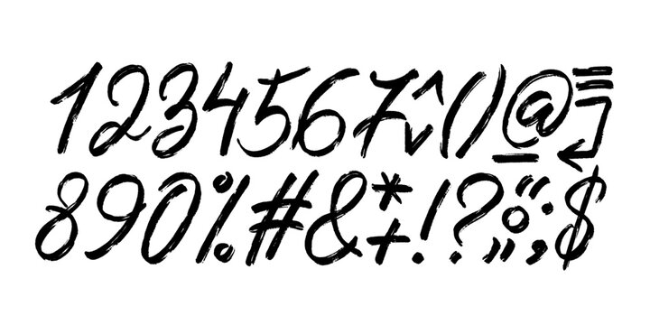 Collection of hand drawn number, common symbols and signs. Ink illustration. Isolated on white background. Hand drawn modern calligraphy. Brush calligraphy. Set of numbers written with a brush.