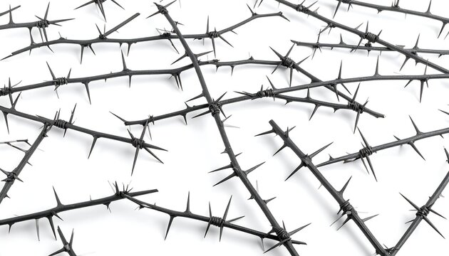 Dark thorny branches splayed on white background