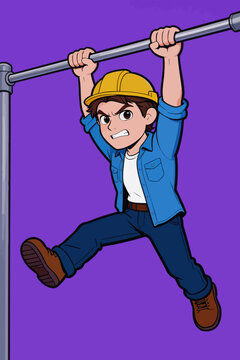 Cartoon Construction Worker Doing Pull Ups Exercise